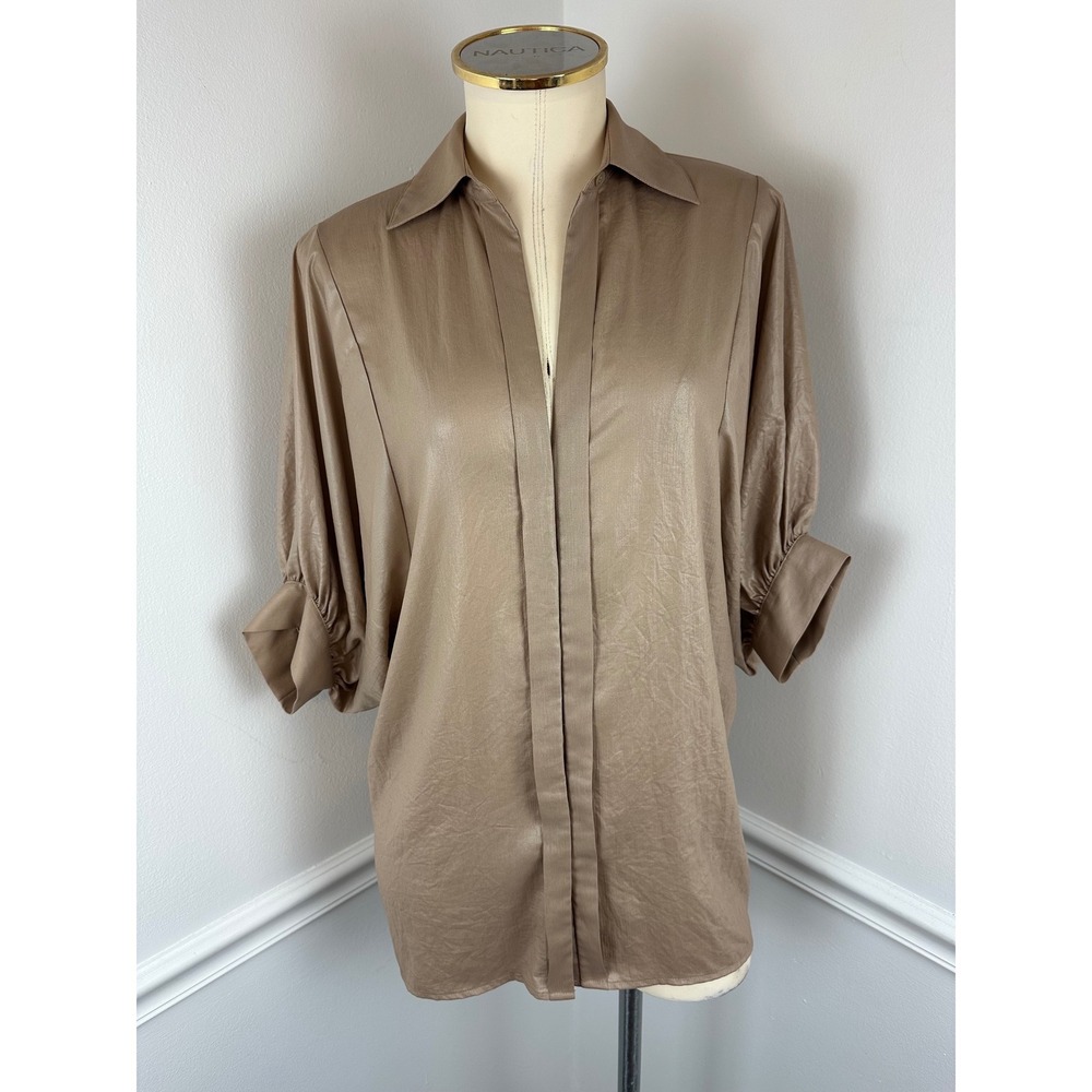 BCBGMAXAZRIA Tan Khaki Metallic Sheen Button Down Blouse Balloon Sleeves XS